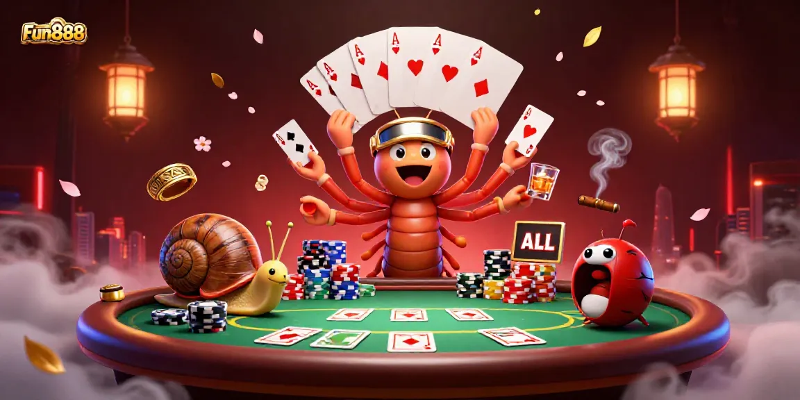 Experience Fun888's vibrant casino world with a dynamic dealer and high-roller characters showcasing poker excitement.