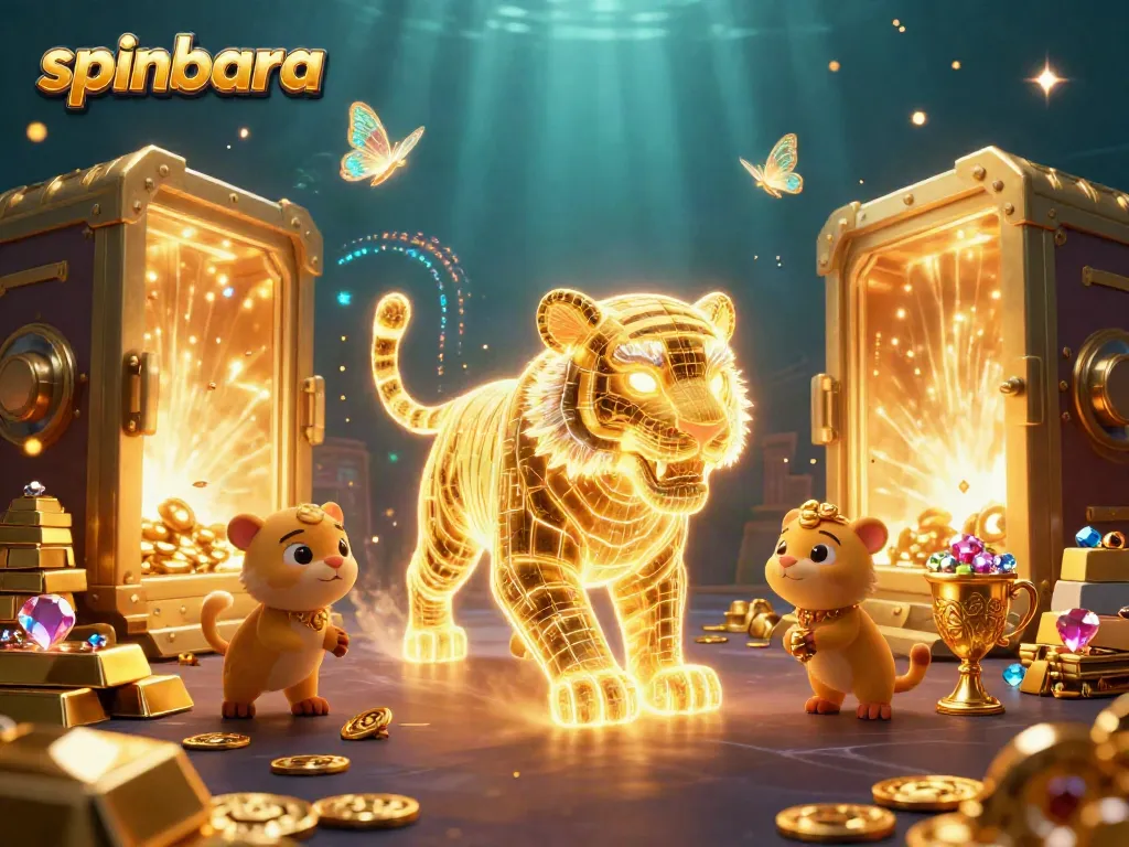 Spinbara casino illustration featuring a glowing golden tiger among riches in a vibrant digital landscape.