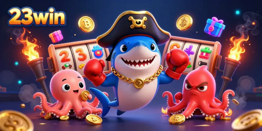 Play thrilling games on 23win with an exciting cartoon casino scene featuring vibrant slot reels.