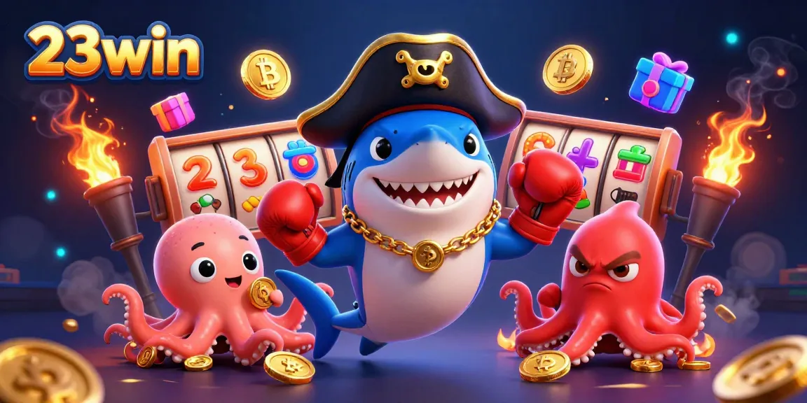 Play thrilling games on 23win with an exciting cartoon casino scene featuring vibrant slot reels.