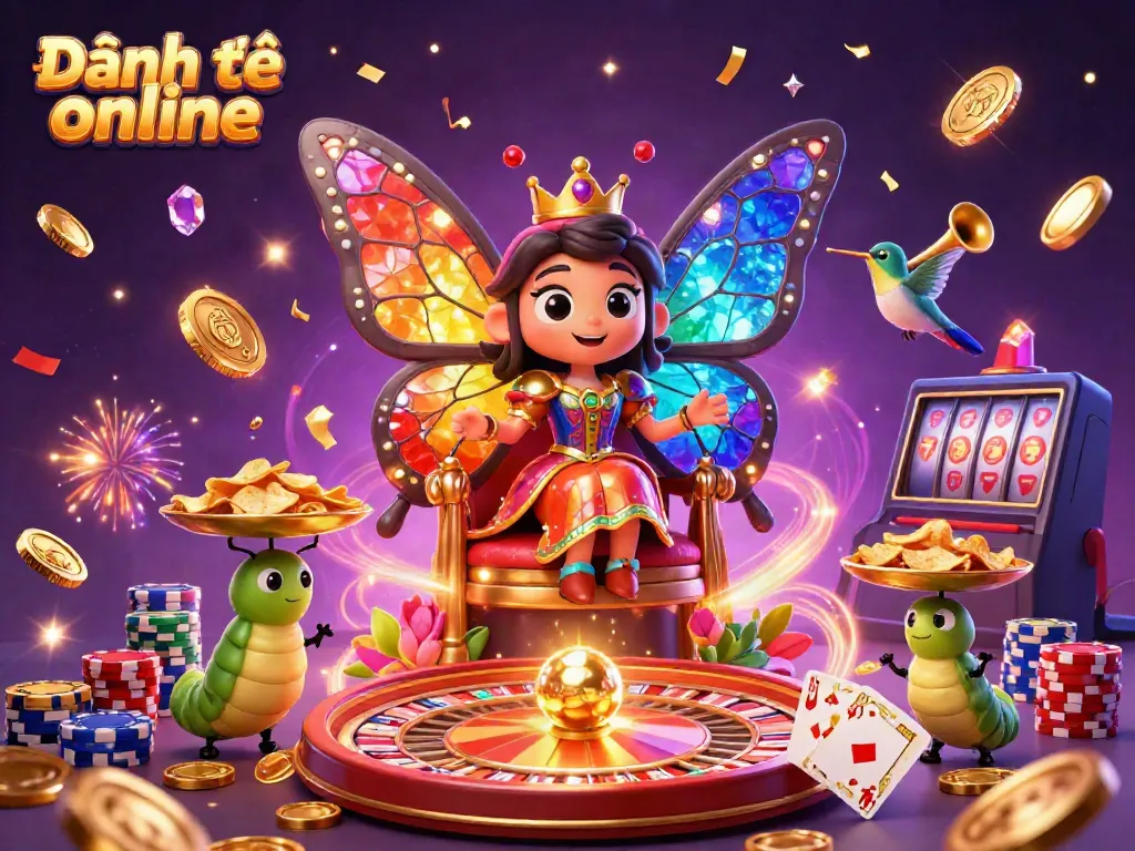 Experience Đánh đề online with a vibrant 3D scene of a butterfly queen adorned in stained-glass wings, embodying the thrill of online gambling.