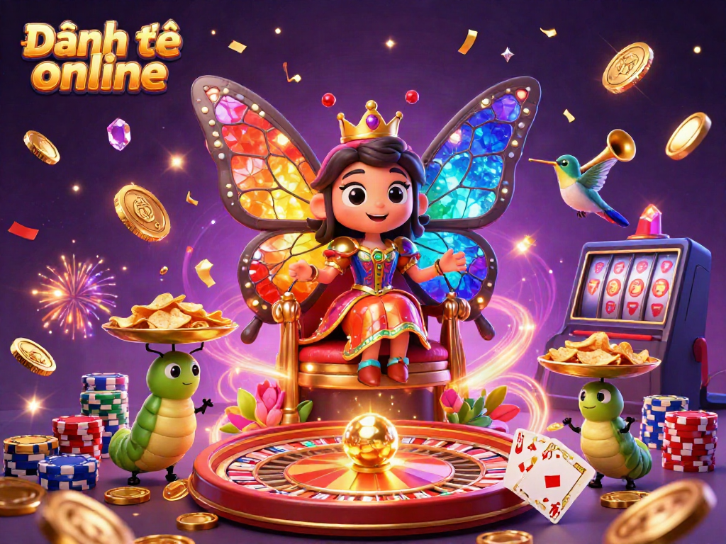 Experience Đánh đề online with a vibrant 3D scene of a butterfly queen adorned in stained-glass wings, embodying the thrill of online gambling.