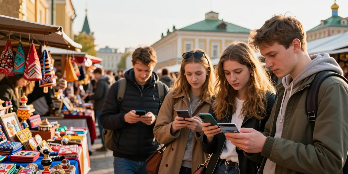 Exploradores en un mercado ruso utilizando https://payinrussia.com/ mientras disfrutan de la cultura local.