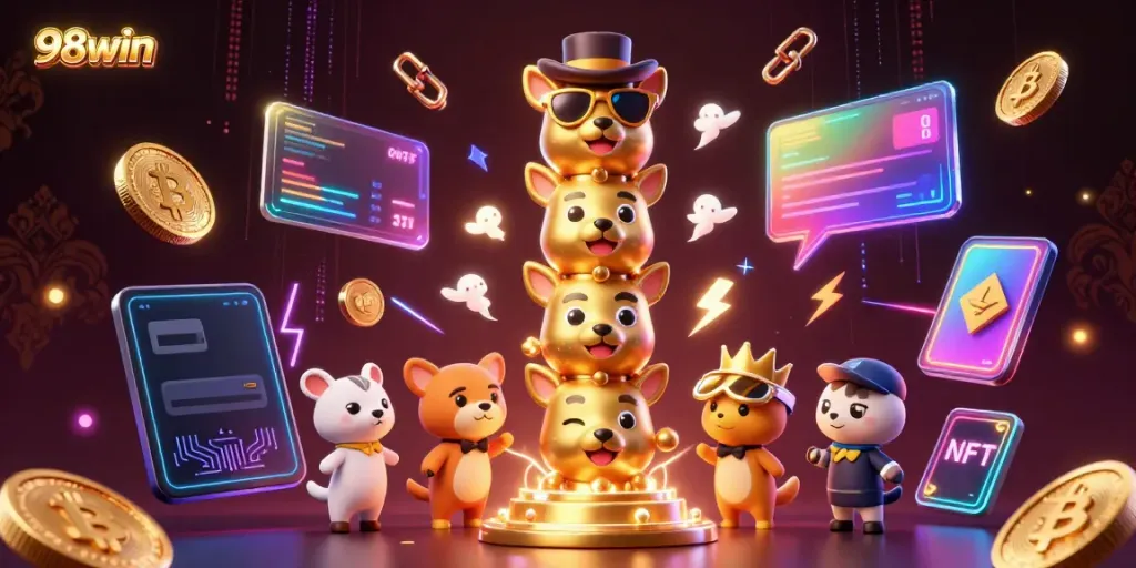 Experience the excitement of 98win with dynamic totem and cryptocurrency elements, creating a vibrant casino atmosphere.