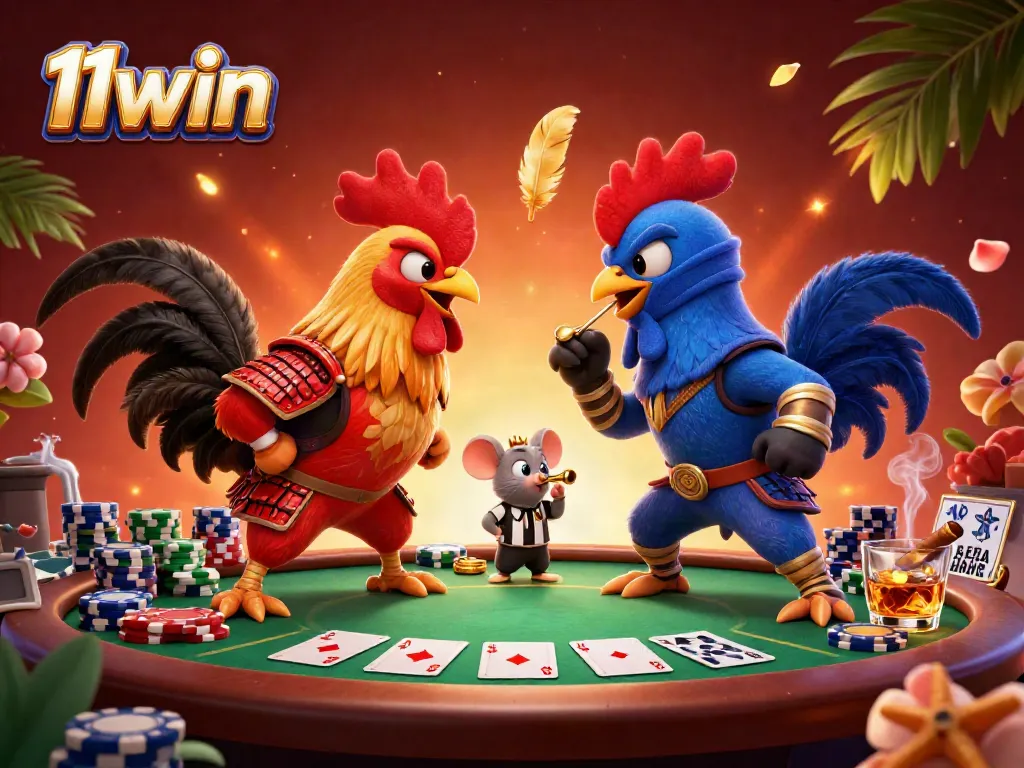 Engage in thrilling poker action with 11win's dynamic 3D illustration of cartoon fighting roosters and vibrant gambling elements.