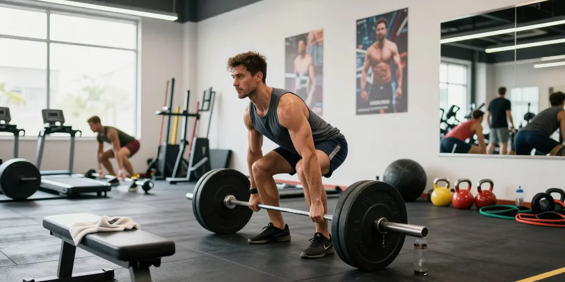 Entrenador levantando pesas en el gimnasio de Esteroidesshop, mostrando dedicación y energía durante su rutina de entrenamiento.