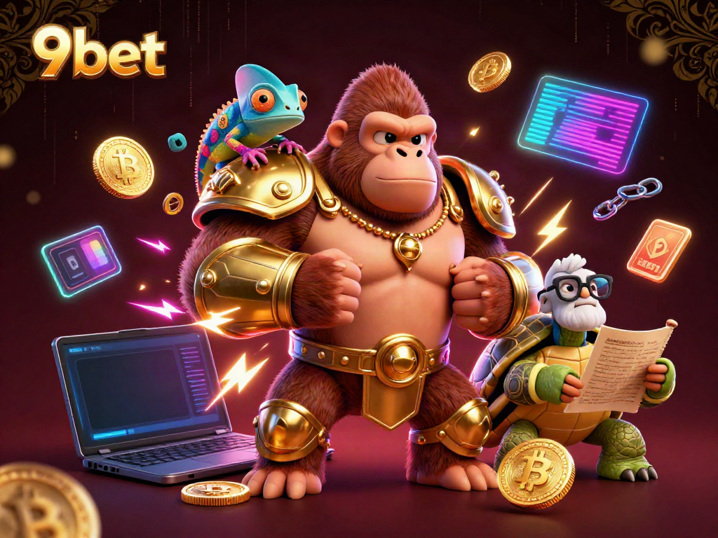Engage with exciting 9bet scenes featuring a golden gorilla king, chameleon spy, and gambling scrolls.