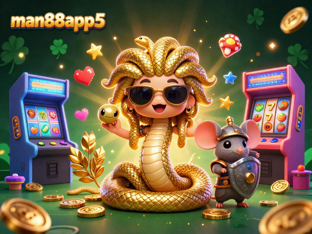 Engage with thrilling slots at man88app5, featuring a friendly Medusa and colorful arcade elements.