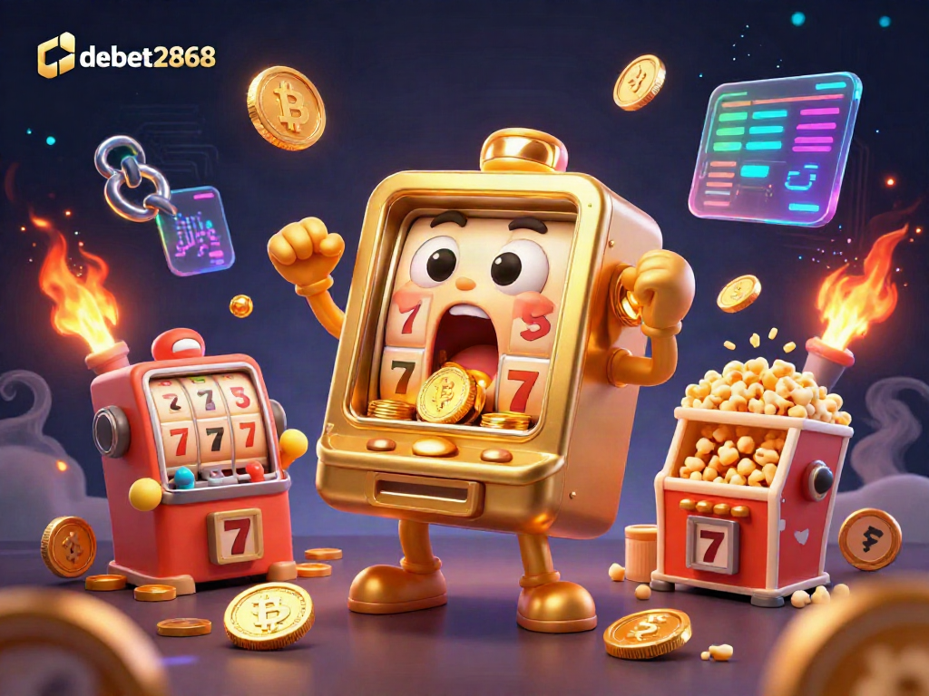Experience thrilling wins with debet2868 illustrated by a golden slot machine bursting coins and dynamic gaming elements.