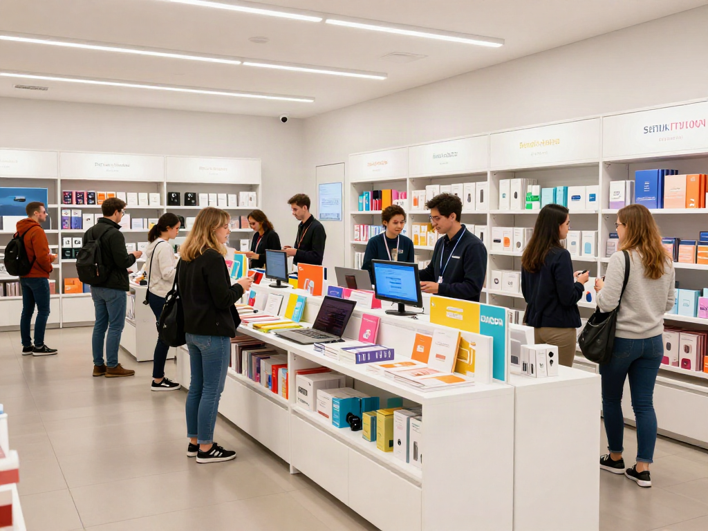 Shoppers exploring various productos in a vibrant retail space.