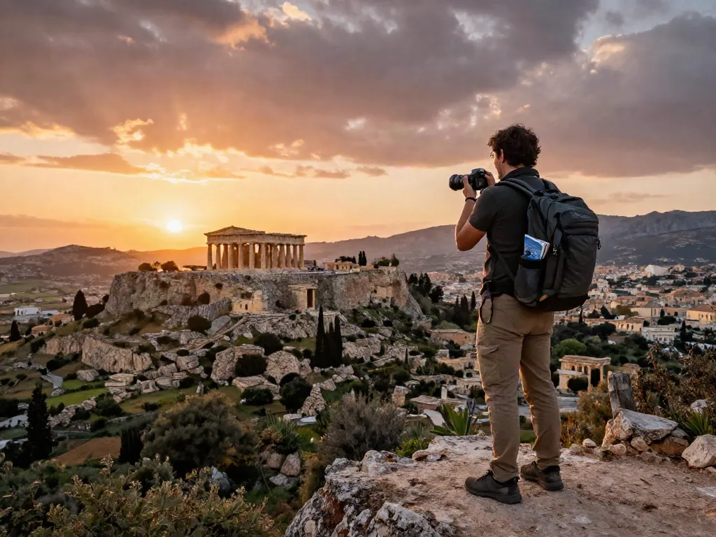 La-sierakaudalo en la hermosa vista de Siracusa, Sicilia, con un viajero disfrutando del paisaje antiguo.