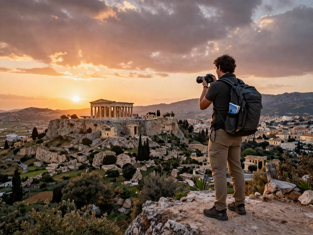 La-sierakaudalo en la hermosa vista de Siracusa, Sicilia, con un viajero disfrutando del paisaje antiguo.