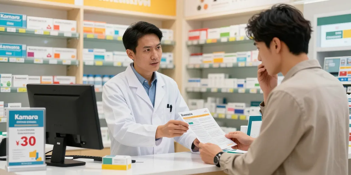 Customer considering comprar kamagra with pharmacist's expert guidance in a welcoming pharmacy environment.