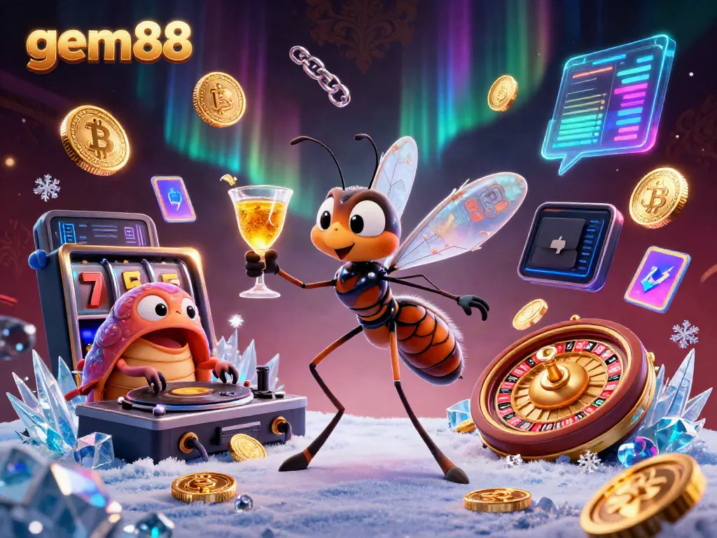 Experience the vibrant world of gem88 with a lively casino scene featuring animated characters and dynamic game elements.
