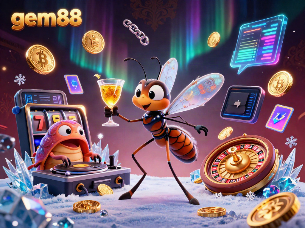 Experience the vibrant world of gem88 with a lively casino scene featuring animated characters and dynamic game elements.