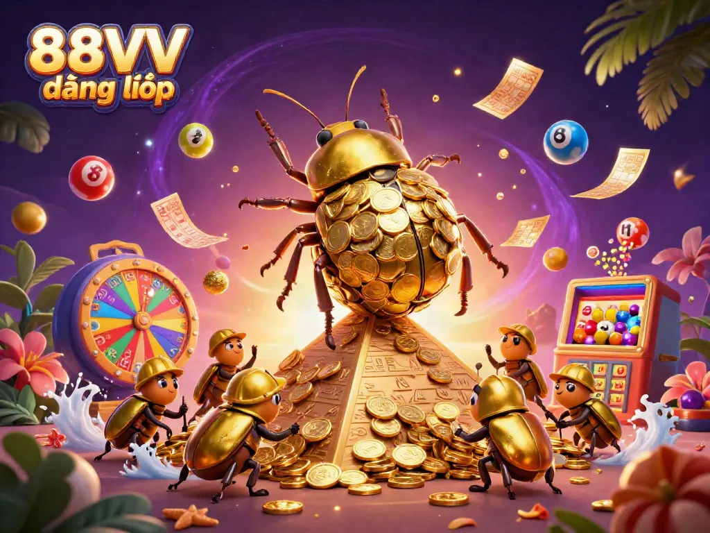Engage with vibrant casino gameplay art showcasing 88VV đăng nhập with golden beetles rolling coin balls and dynamic lottery elements.