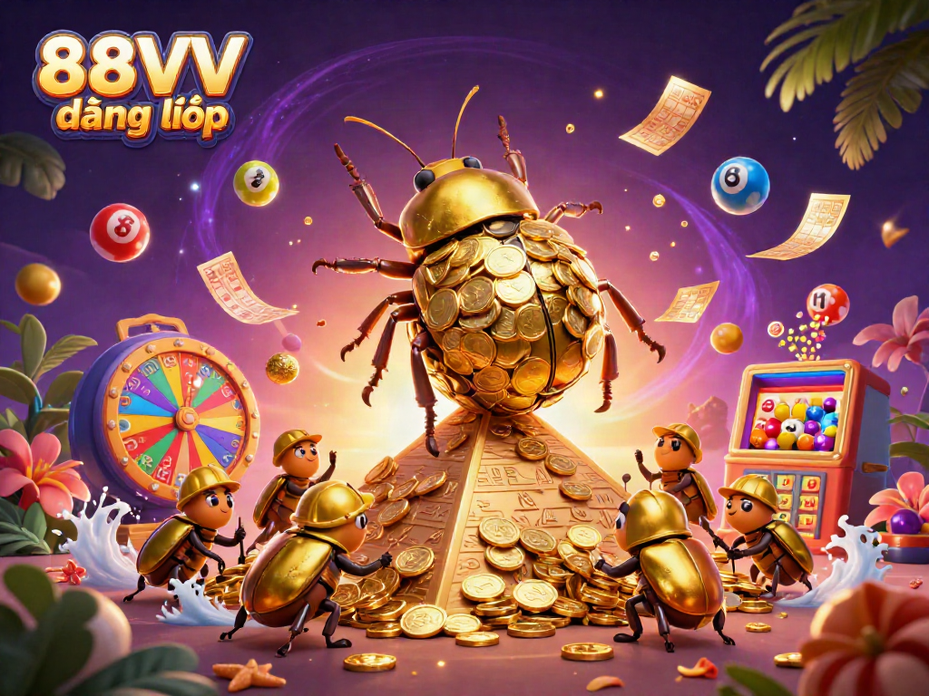 Engage with vibrant casino gameplay art showcasing 88VV đăng nhập with golden beetles rolling coin balls and dynamic lottery elements.