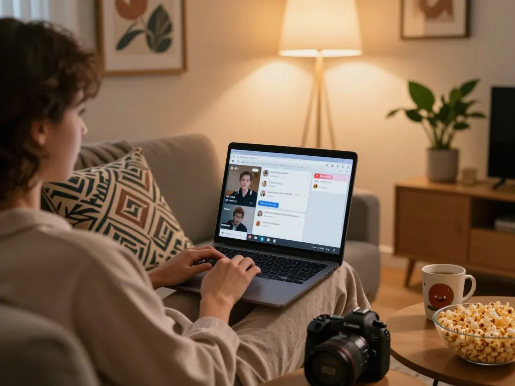 Engaging NSFW chat scene in a cozy living room, showcasing interactive digital conversations.
