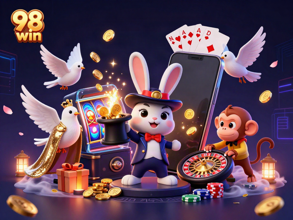 Engage in thrilling gameplay at 98 win with a dynamic scene featuring a magician rabbit, golden coins, and poker elements.