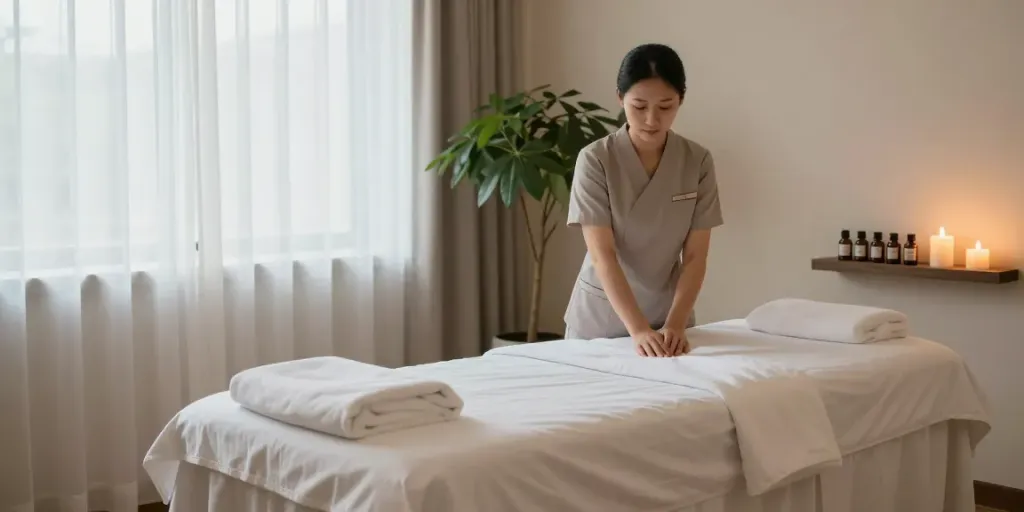 Calm and inviting spa environment for 천호동출장안마, featuring a ready massage table, soothing candles, and natural light.