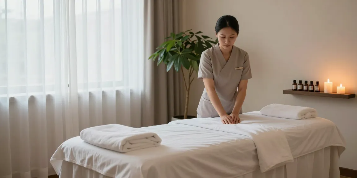 Calm and inviting spa environment for 천호동출장안마, featuring a ready massage table, soothing candles, and natural light.