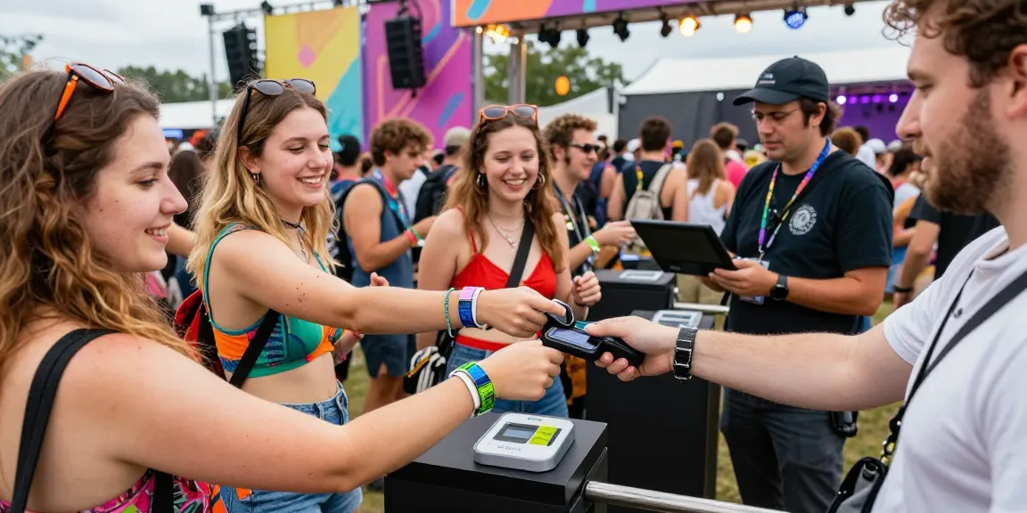 control de acceso con pulsera electrónica in a lively festival setting with attendees using wristbands for seamless access and payments.