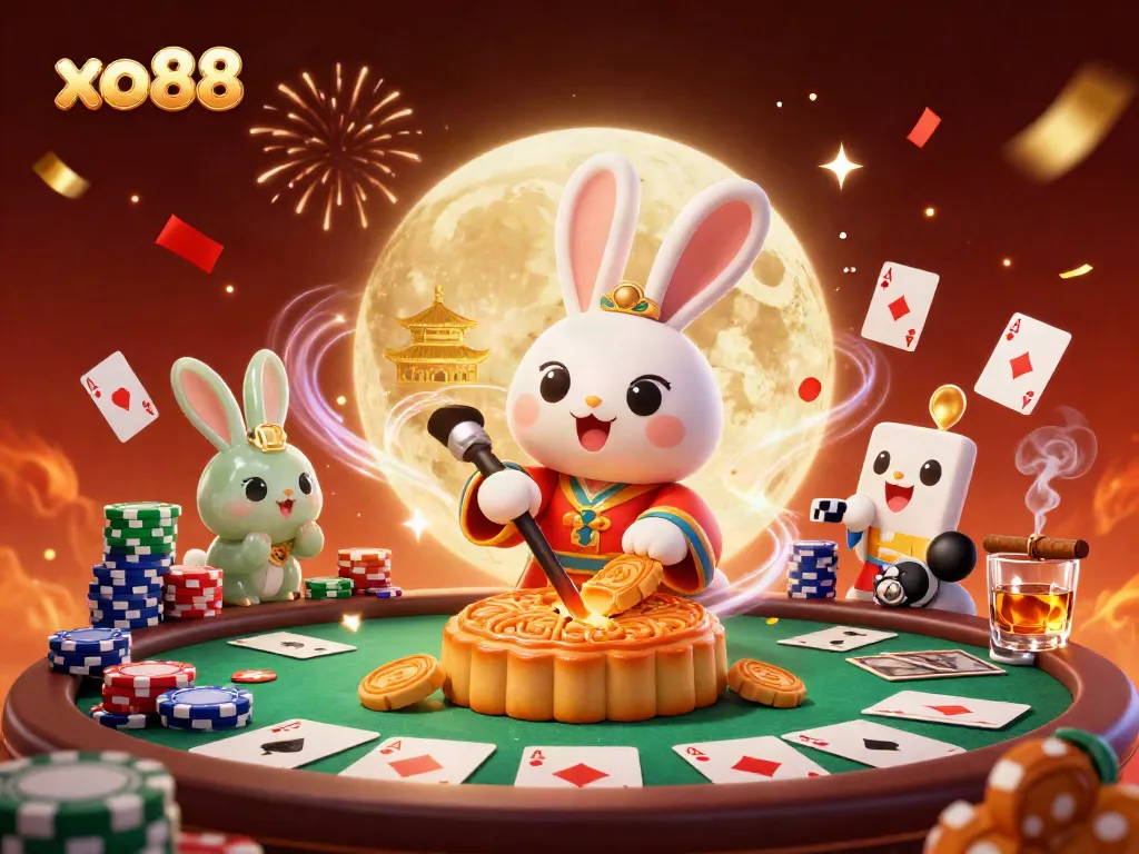 Experience the exciting world of xo88 with lunar rabbits and poker elements celebrating wins in an online casino theme.