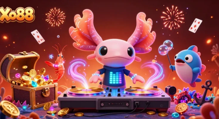 Xo88 engages players with a vibrant underwater casino scene featuring dynamic characters and festive elements.