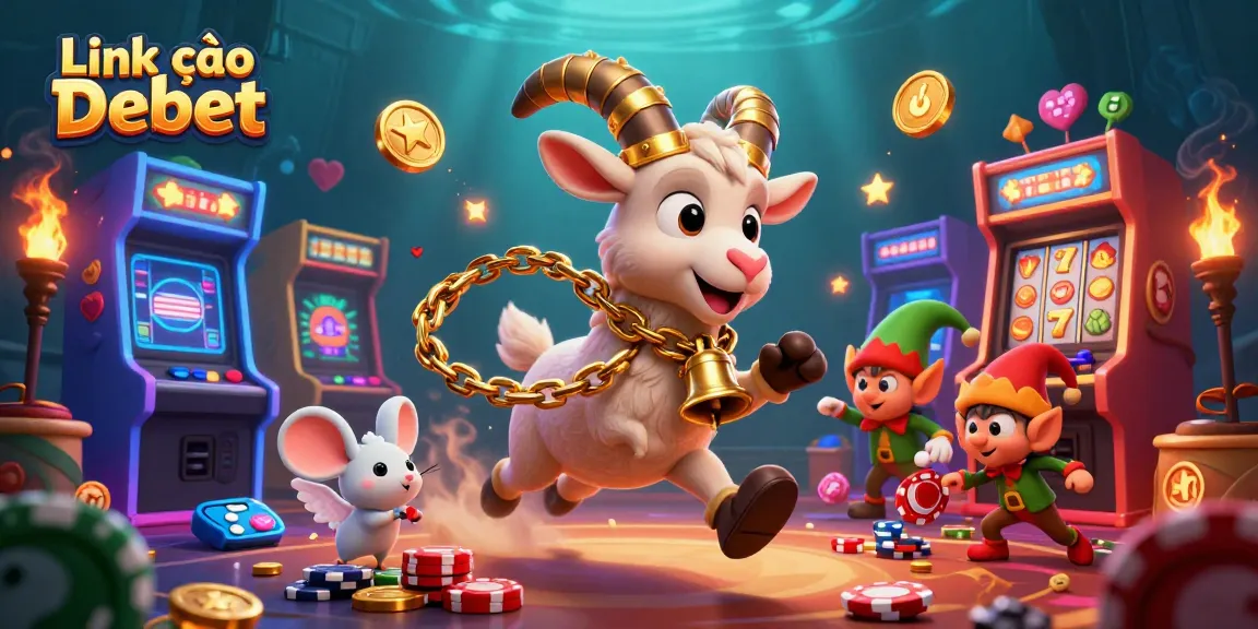 Experience the thrill of gaming with Link vào Debet, featuring a festive Krampus goat in a bustling casino.