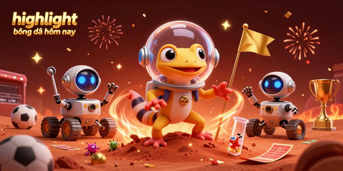 Experience highlight bóng đá hôm nay with a dynamic illustration of a Martian gecko and robot, celebrating wins in a lively casino.