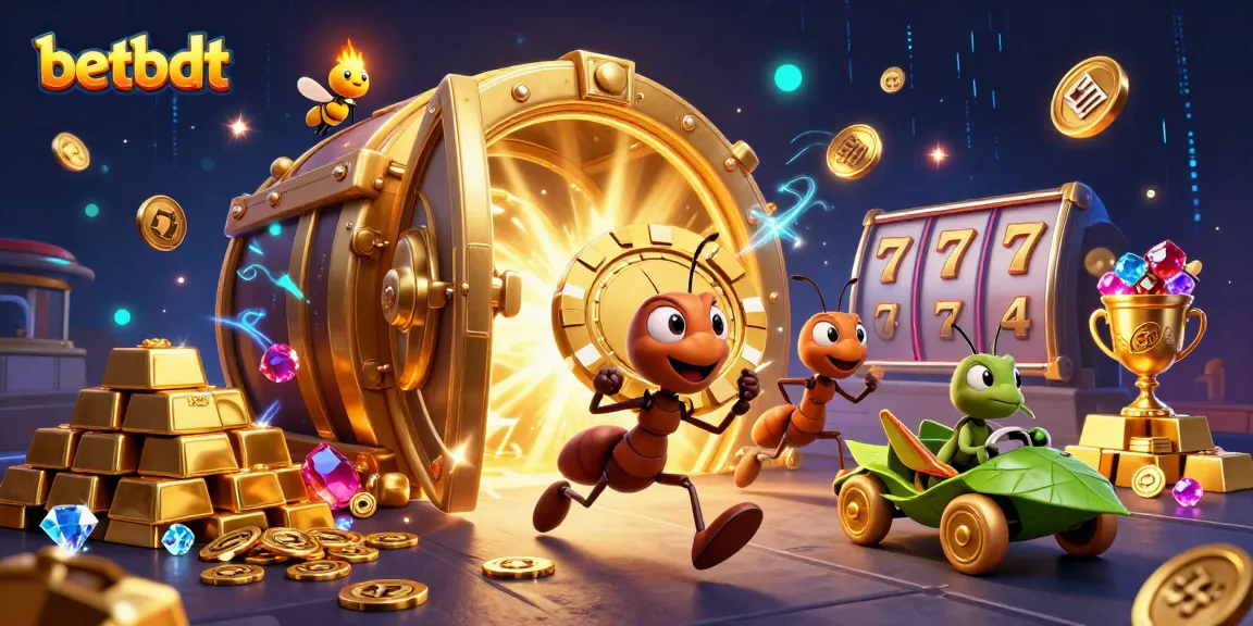 Place your bets with betbdt as ants carry a giant poker chip amidst treasures and slot machine symbols.
