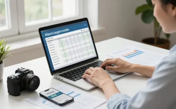 Calculadora hipoteca in a modern home office setting, showing a professional using a laptop for mortgage calculations.