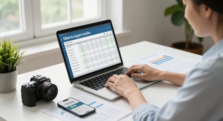 Calculadora hipoteca in a modern home office setting, showing a professional using a laptop for mortgage calculations.