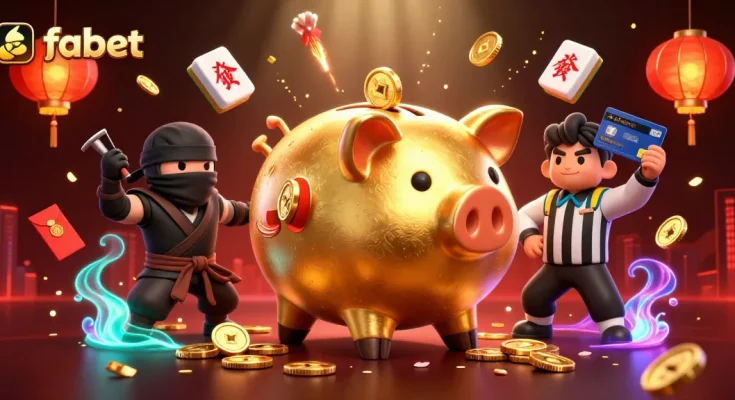 Experience fabet with a lively scene of a golden piggy bank sumo wrestler surrounded by vibrant gambling elements.