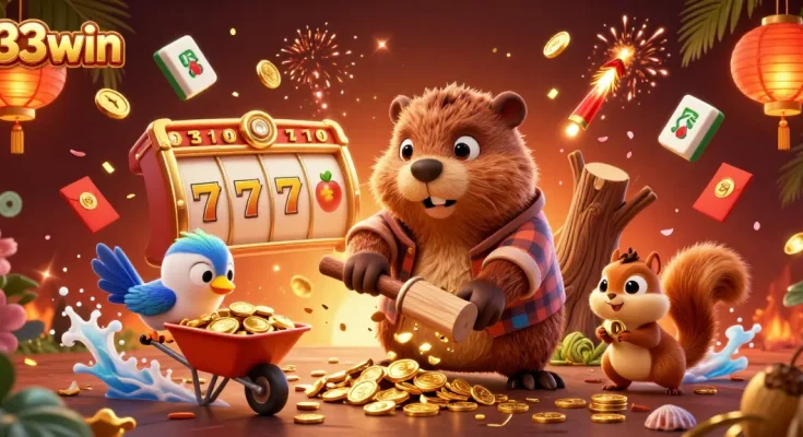 Experience slot gaming excitement with 33win in this vibrant casino-themed illustration featuring wealth elements.