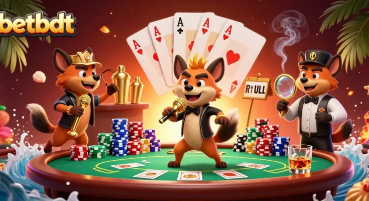 Experience fun and excitement at betbdt with hyena characters in a dynamic casino illustration.