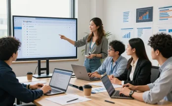 Servicios SEO locales optimizando estrategias en oficina moderna con equipo colaborativo.