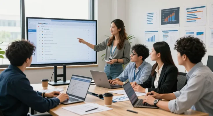 Servicios SEO locales optimizando estrategias en oficina moderna con equipo colaborativo.