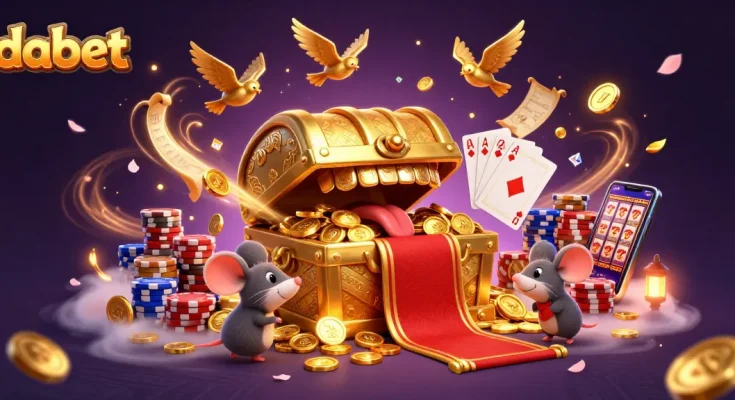 Experience the thrill at dabet with a treasure chest and poker chips swirling in gold.