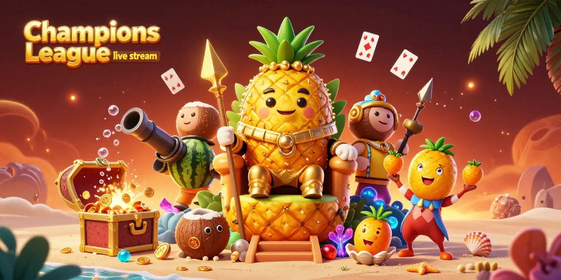 Experience Champions League live stream with vibrant casino elements and interactive characters.