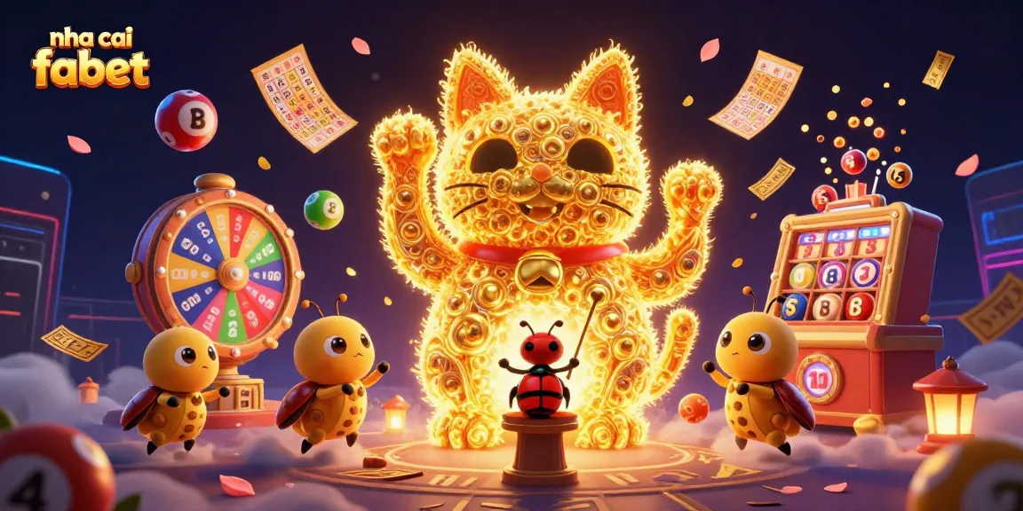 Engage with nha cai fabet through vibrant illustrations of a lucky cat and dynamic gaming elements.