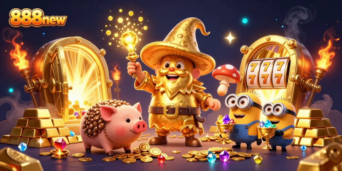 Win big at 888new with a dazzling 3D casino scene featuring magical treasures and lively characters!