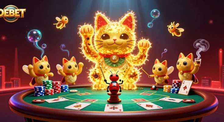 Experience thrilling gameplay at DEBET with the golden lucky cat and vibrant casino symbols.