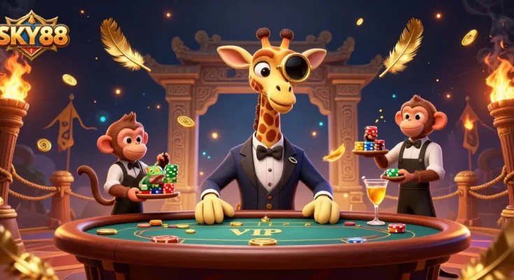 Engage with thrilling SKY88 casino adventures as a giraffe high-roller plays poker with vibrant characters.