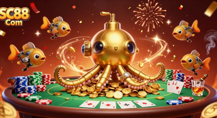 Experience the thrill of SC88 Com with dynamic poker elements and an imaginative kraken submarine scene.
