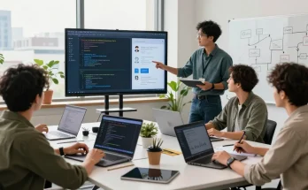 Diverse professionals collaborating to build internal tools with AI in a modern office.