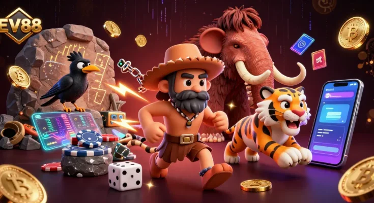 EV88 casino experience comes alive with a caveman duo and crypto elements in a thrilling illustration.