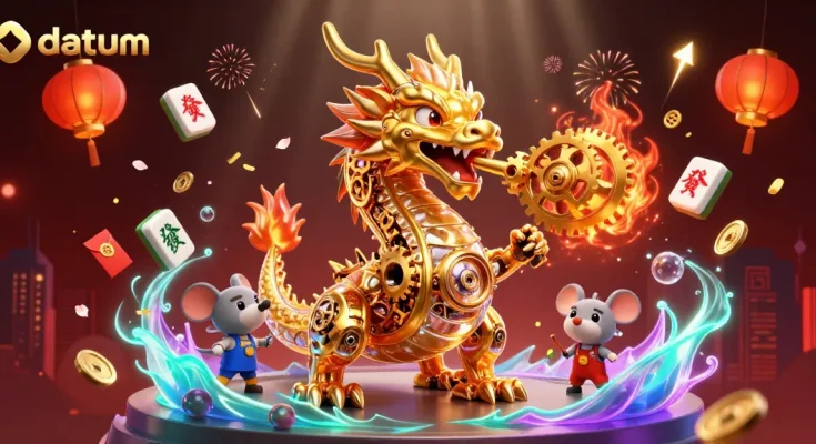 Play slot games with datum's adventurous dragon illuminating a vibrant casino setting.