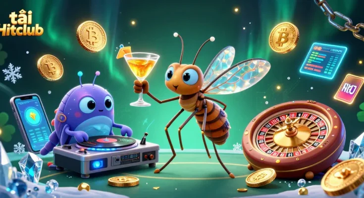 Experience the excitement of tải Hitclub with a vibrant 3D casino illustration featuring animated characters and crypto elements.