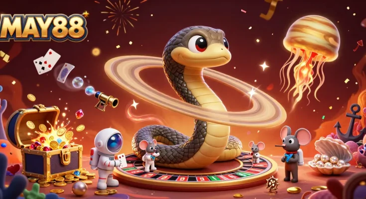 MAY88 players engage in cosmic roulette with astronaut mice and a golden jellyfish dealer in this vibrant casino scene.